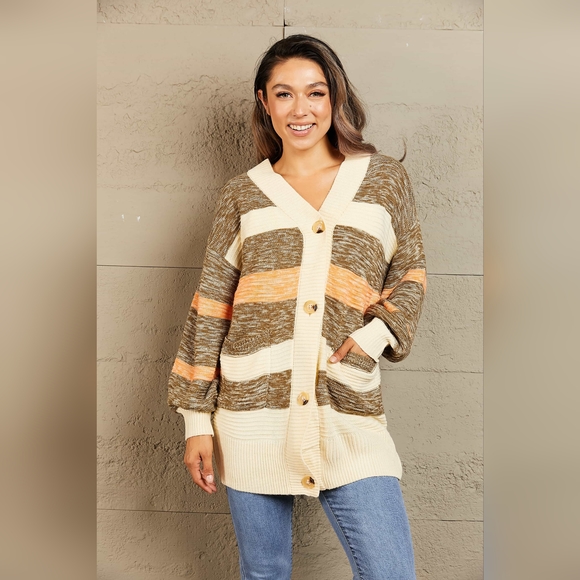 Woven Right Striped Button Down Longline Cardigan with Pockets - Picture 2 of 10